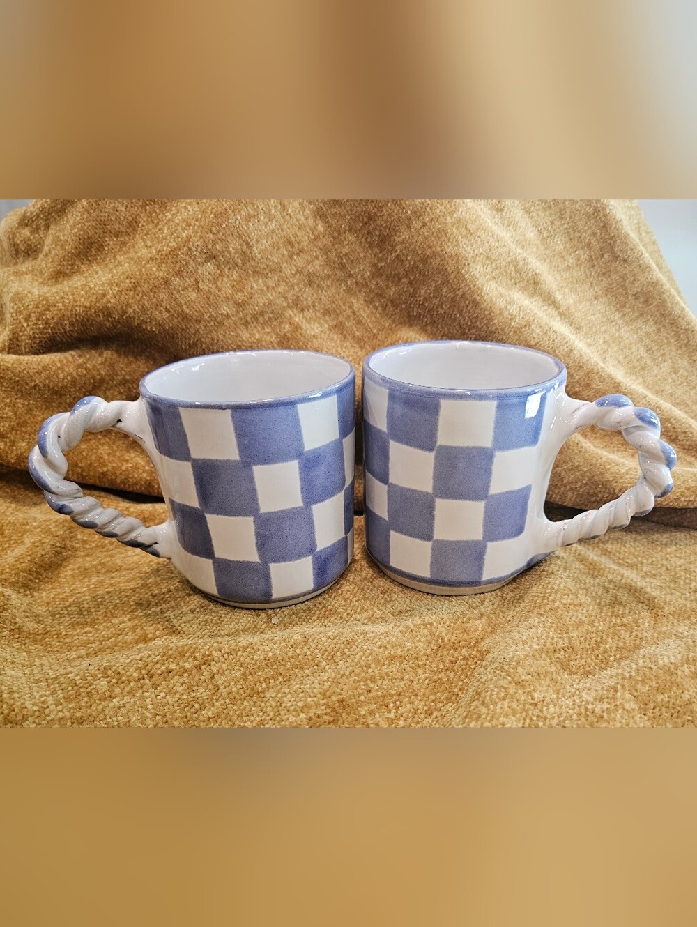 Mesa International 2pc Blue/White Checkered Ceramic Mugs Twisted Handle